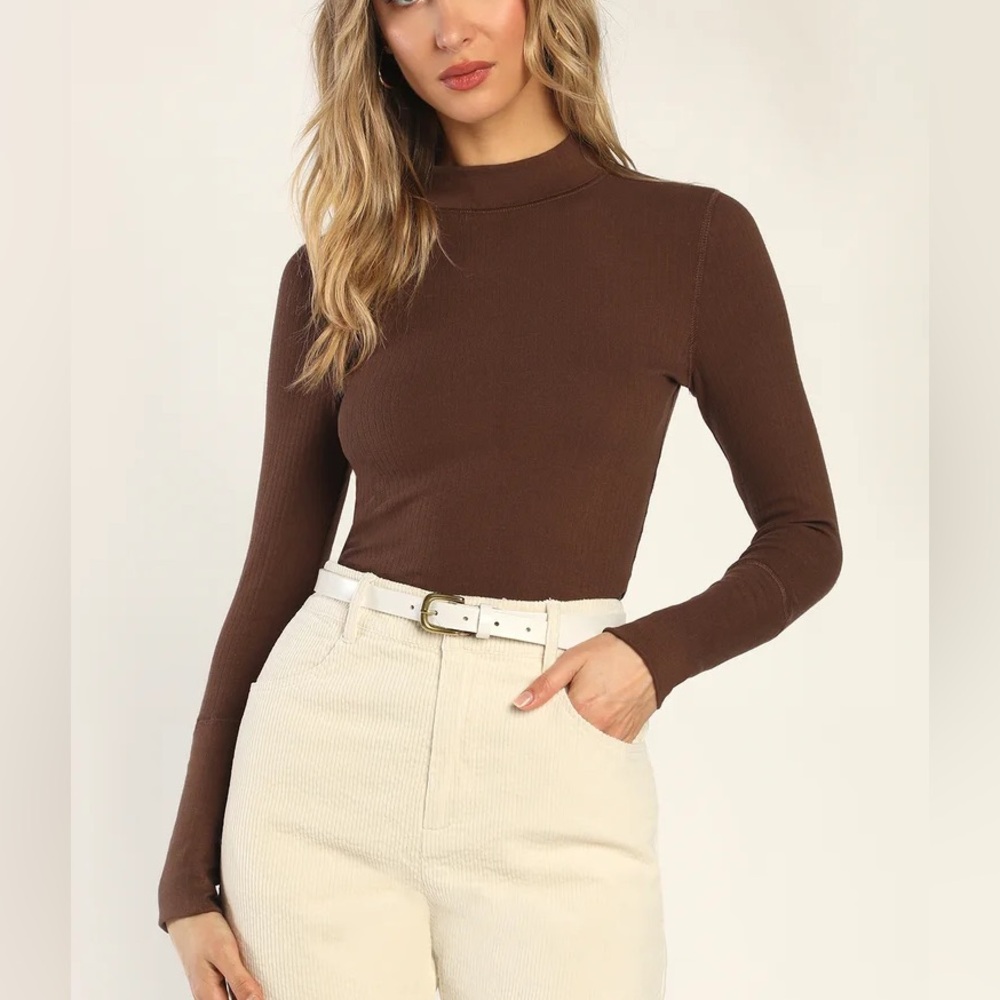 Free People The Rickie Brown Ribbed Mock Neck Long Sleeve Top
